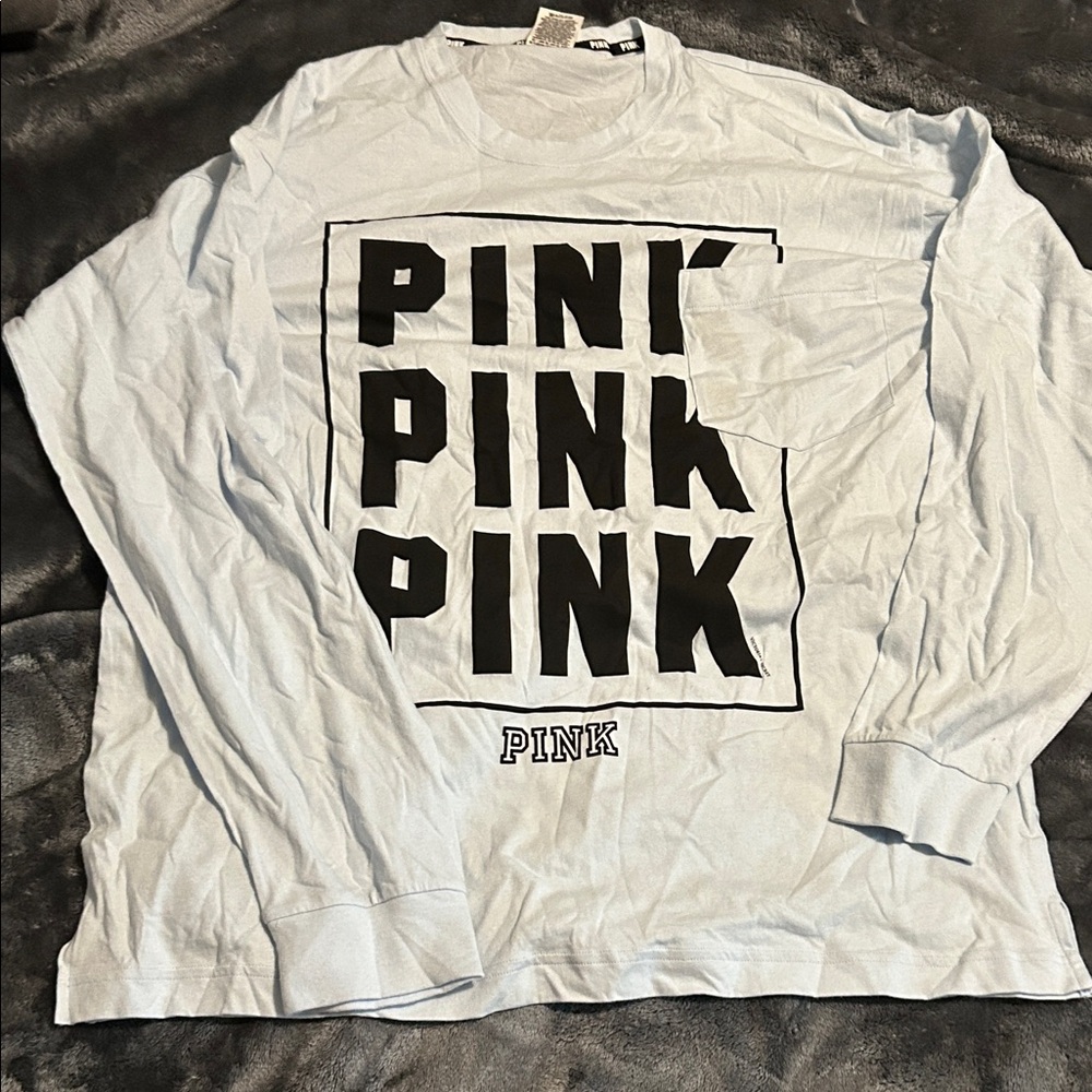 PINK Victoria's Secret blue Long Sleeve Top with Black Logo